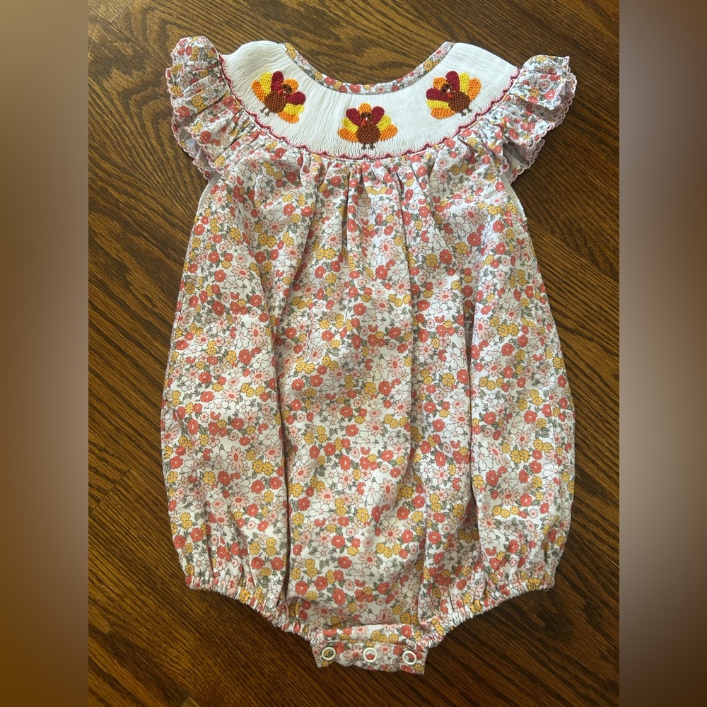 Poppy Kids Co Smocked Turkey Floral Bubble 9 months